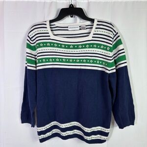 Alfred Dunner Navy Kelly Green Floral Embroidered Stripe Sweater L Garden Girl
